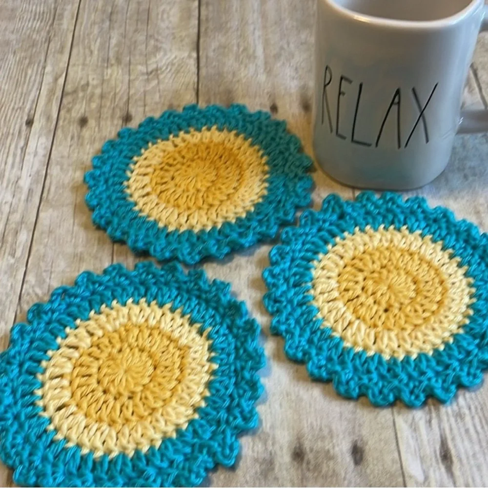 Crochet Set of Three Coasters/Small Doilies Turquoise 5 1/2 Inches